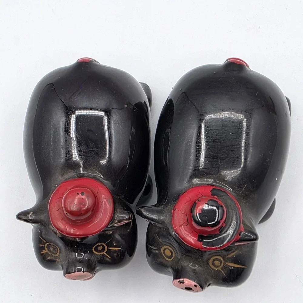 Vintage Ceramic Pig Salt Pepper Shakers Pair Black Red Hats Made in Japan Kitsch
